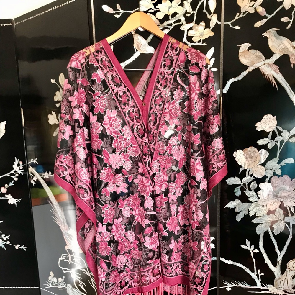 Sheer black with pink outlined in silver poncho